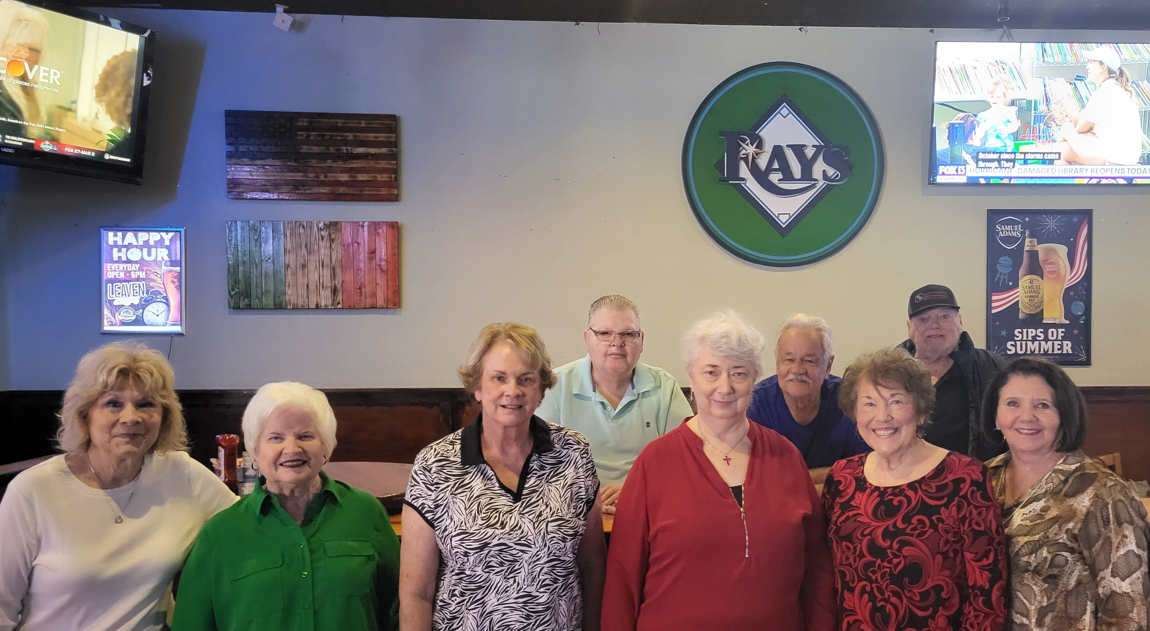 L/R front row:  Maggie Mullaney (Ronnie's wife), Karen Dossey Krell, Ruby Perkins Wall, Lynda Caraway (Donald's wife), Barbara Bone Franques, &amp; JoAnn Estes Boothe.  Men, back row L/R: Donald Caraway, Ronnie Mullaney &amp; Larry St. Charles.  February 